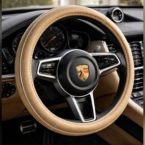 Luxury Faux Leather Steering Wheel Cover – Beige/Tan – Perforated Grip – Univers